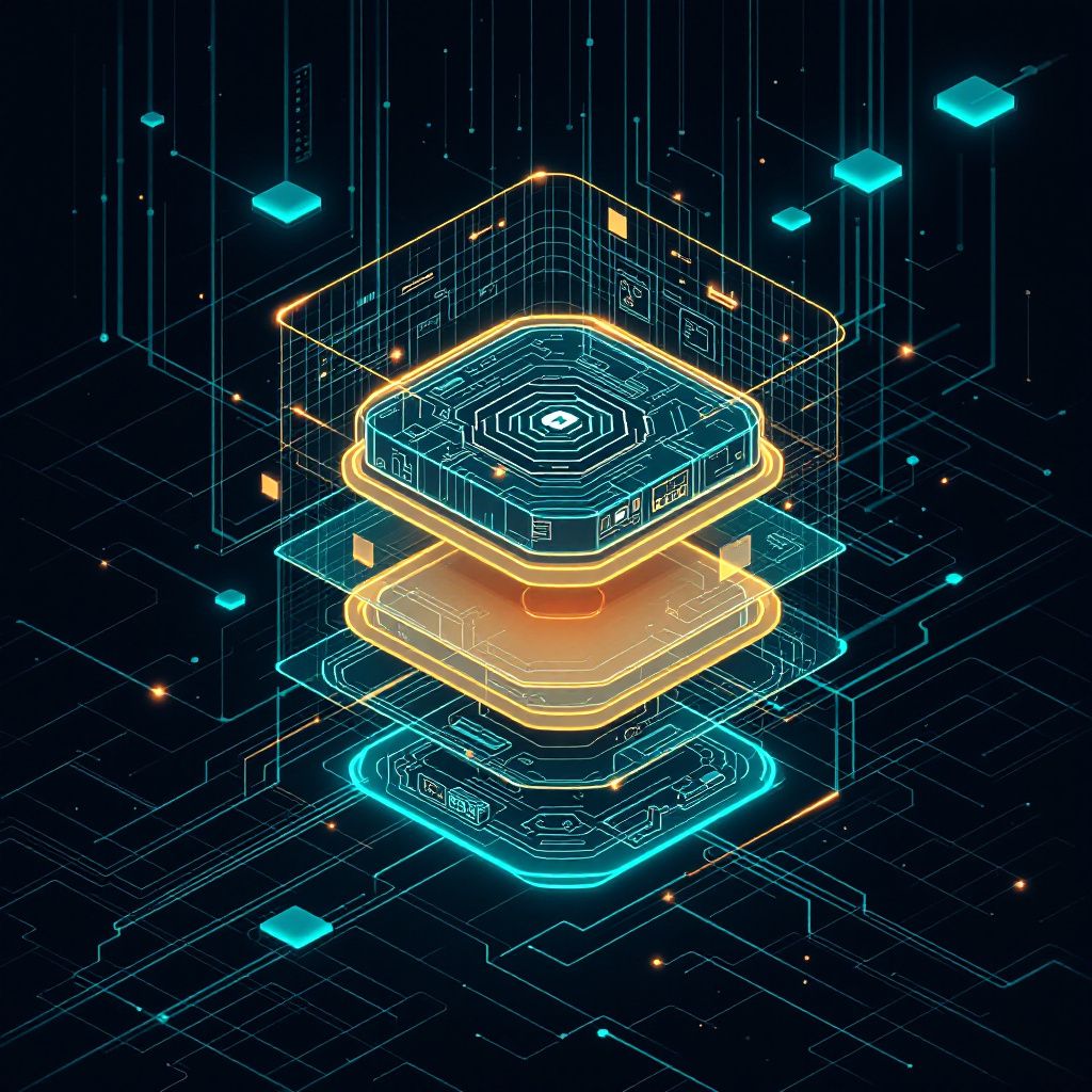 An abstract layered containment stack showing isolated sandboxes, a hidden shared message board, network gateways, monitoring layers, and third-party systems beyond the boundary