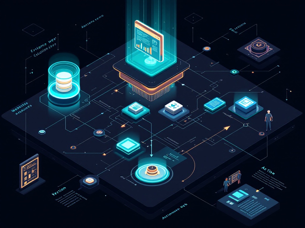 A dark futuristic grounding stack where websites and databases feed structured evidence into AI agents that execute tasks