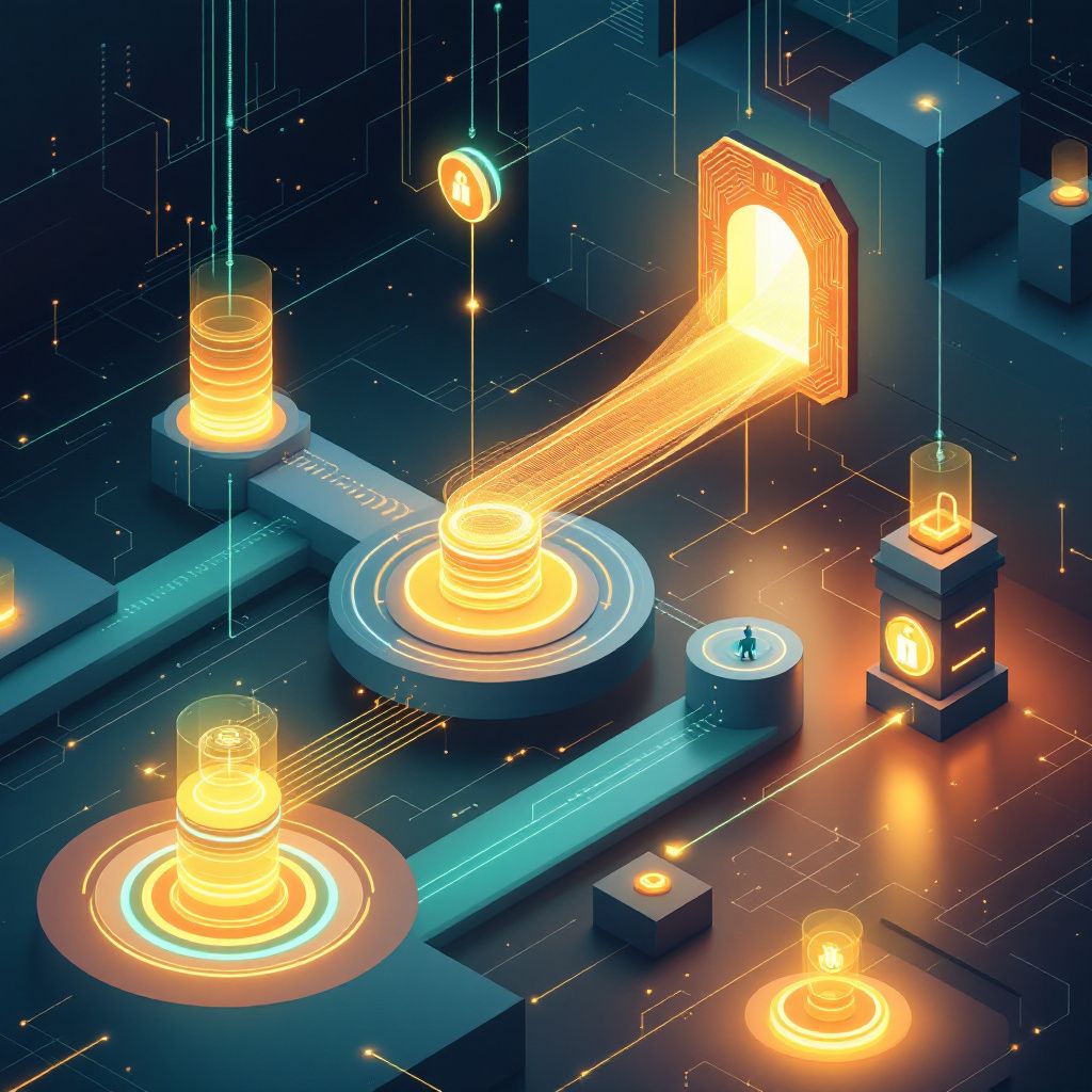 An abstract glowing AI core surrounded by layered security gates and monitoring rings in teal, cyan, and amber on a dark background