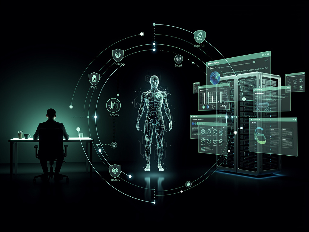 A dark conceptual diagram showing a human, an AI agent, and websites or APIs linked by glowing payment rails, identity badges, and access tokens