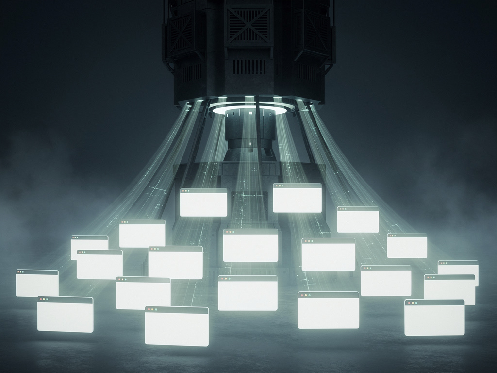 A dark editorial scene of independent websites feeding a giant AI extraction machine while faint human traffic lines fade in the background
