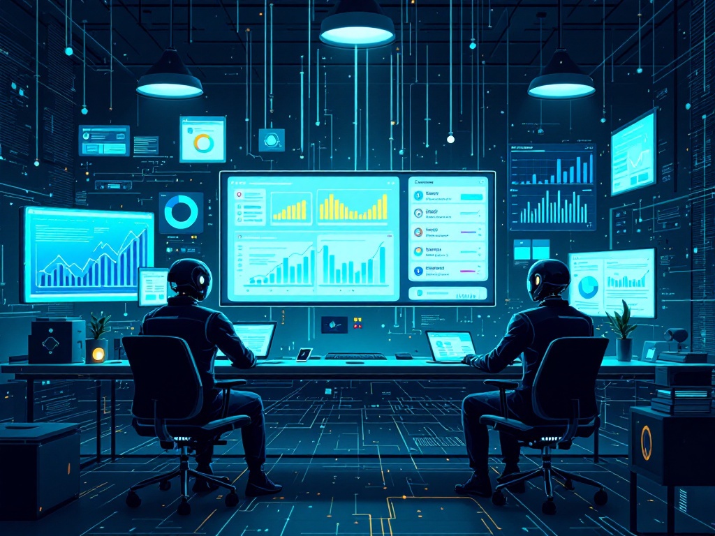 A dark machine-run analytics room where autonomous agents oversee dashboards, requests, and the economics of the web
