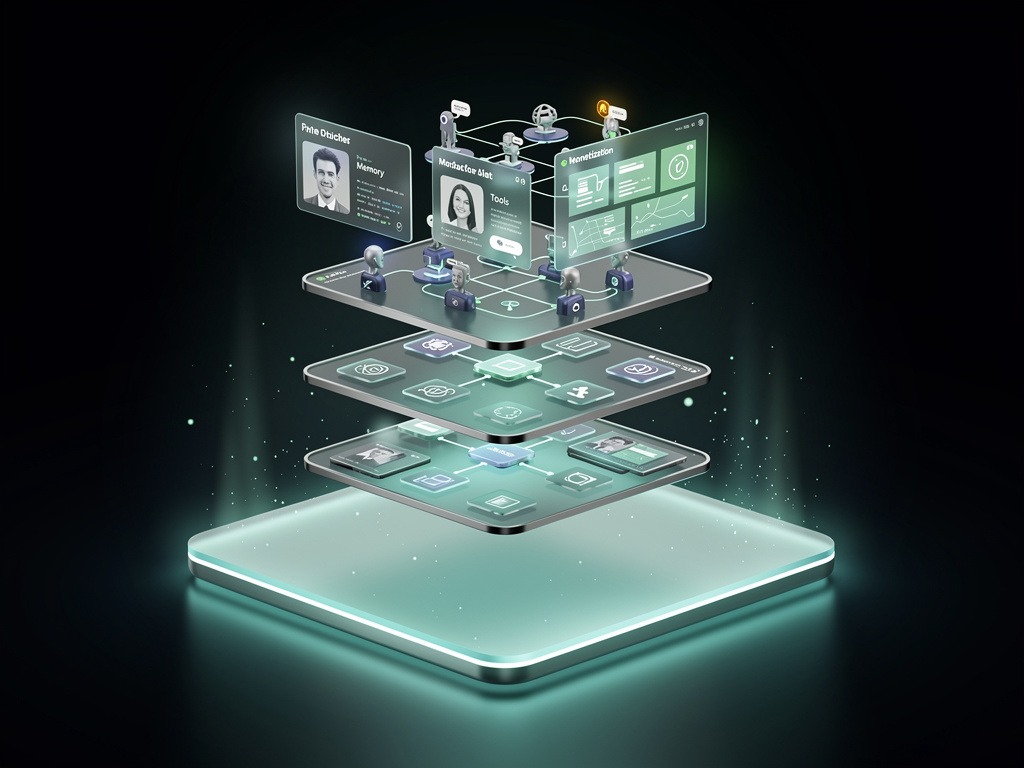 An abstract layered interface stack rising from a glowing free chat layer into tools, memory, agents, work surfaces, and monetization channels on a dark background