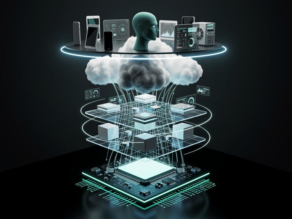 An abstract layered AI stack showing silicon, networking, cloud services, developer tools, enterprise apps, and devices rising upward in dark teal lighting
