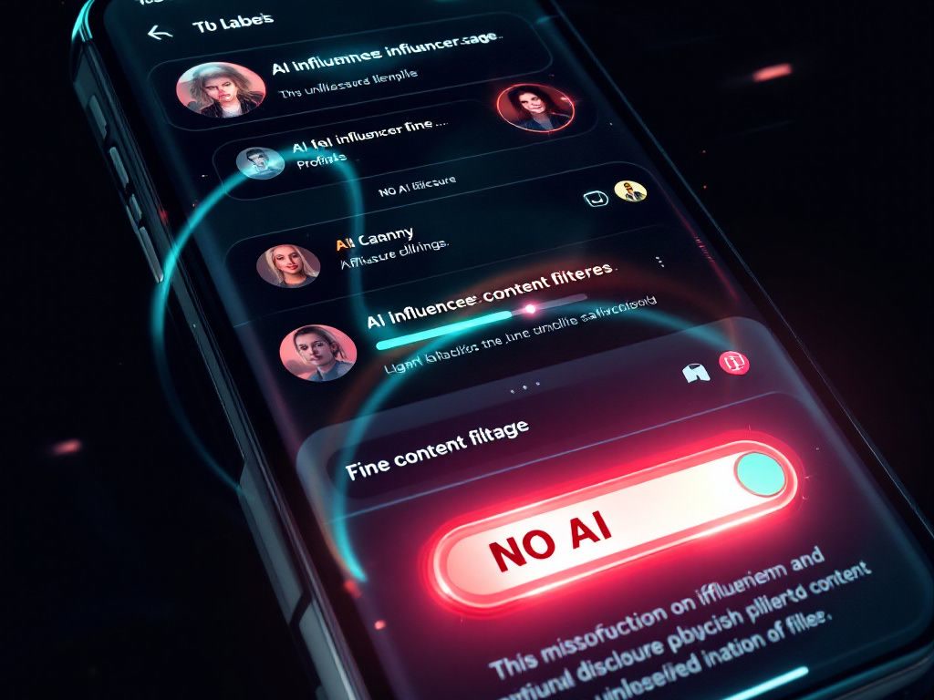 A dark social media feed crowded with uncanny AI influencer profiles and tiny disclosure badges beside a large disabled no-AI toggle