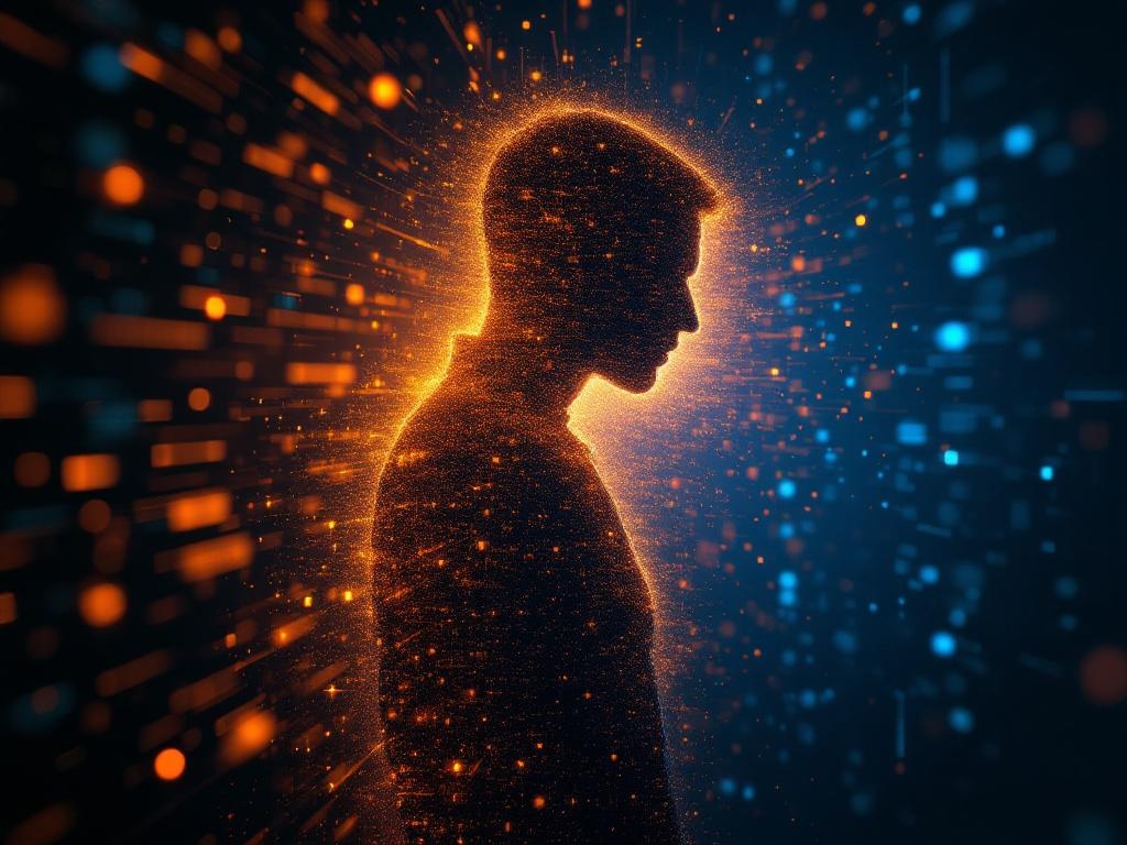 Abstract visualization of a human worker dissolving into AI neural network patterns