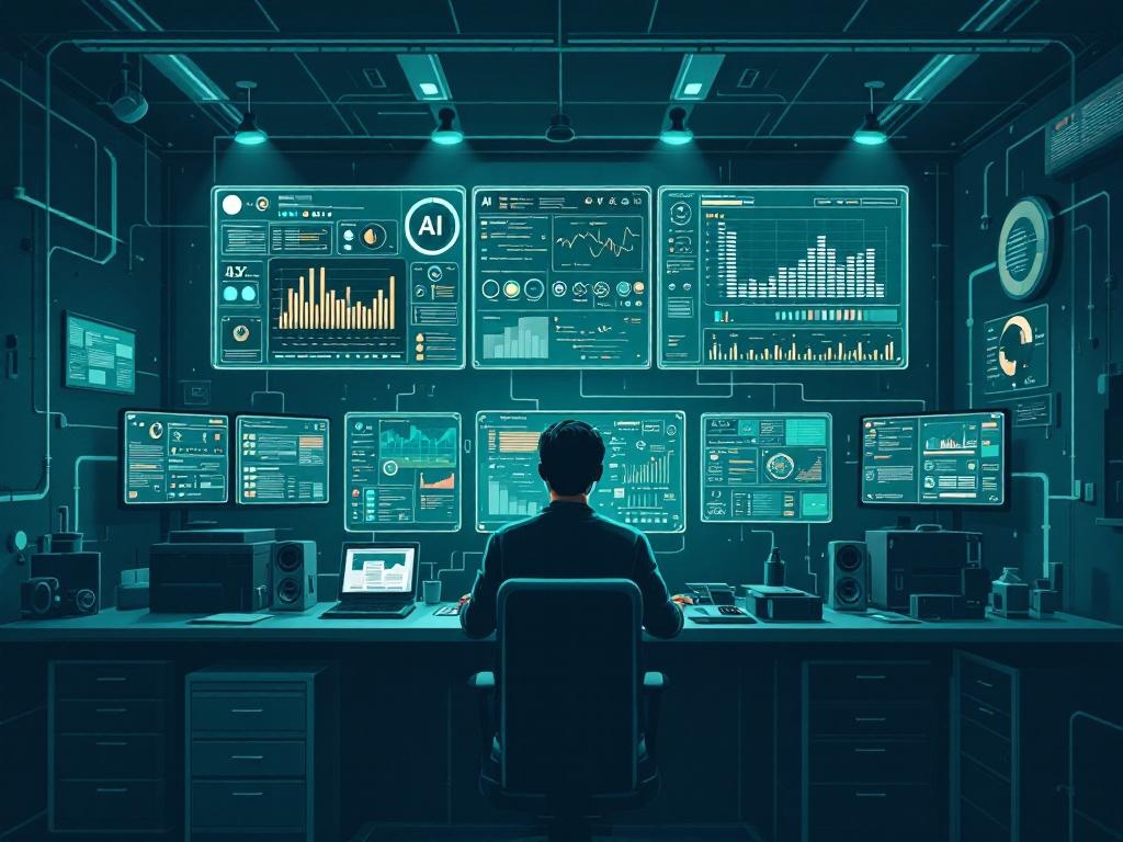 A dark operations room with dashboards, rollback controls, model graphs, and a human operator monitoring system reliability