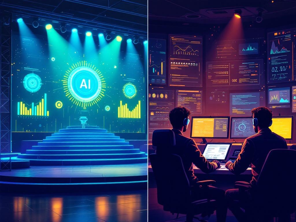 A split-screen editorial illustration showing a flashy AI launch stage on one side and an engineer reading a detailed incident postmortem on the other