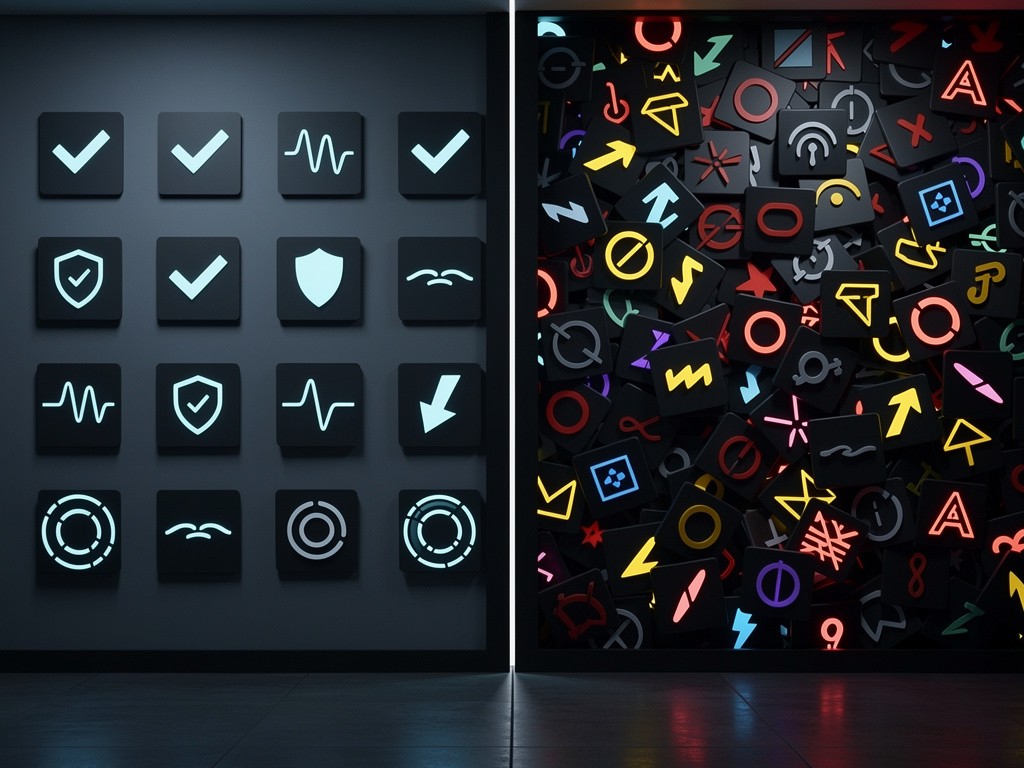 A split-screen control panel showing clean standardized AI provenance signals on one side and a chaotic mess of proprietary platform labels on the other
