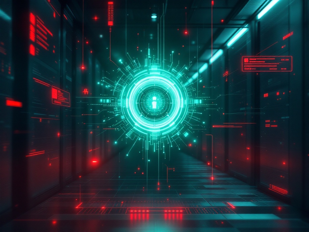 A glowing frontier AI core in a dark server room cut off by red access barriers and government-style security overlays