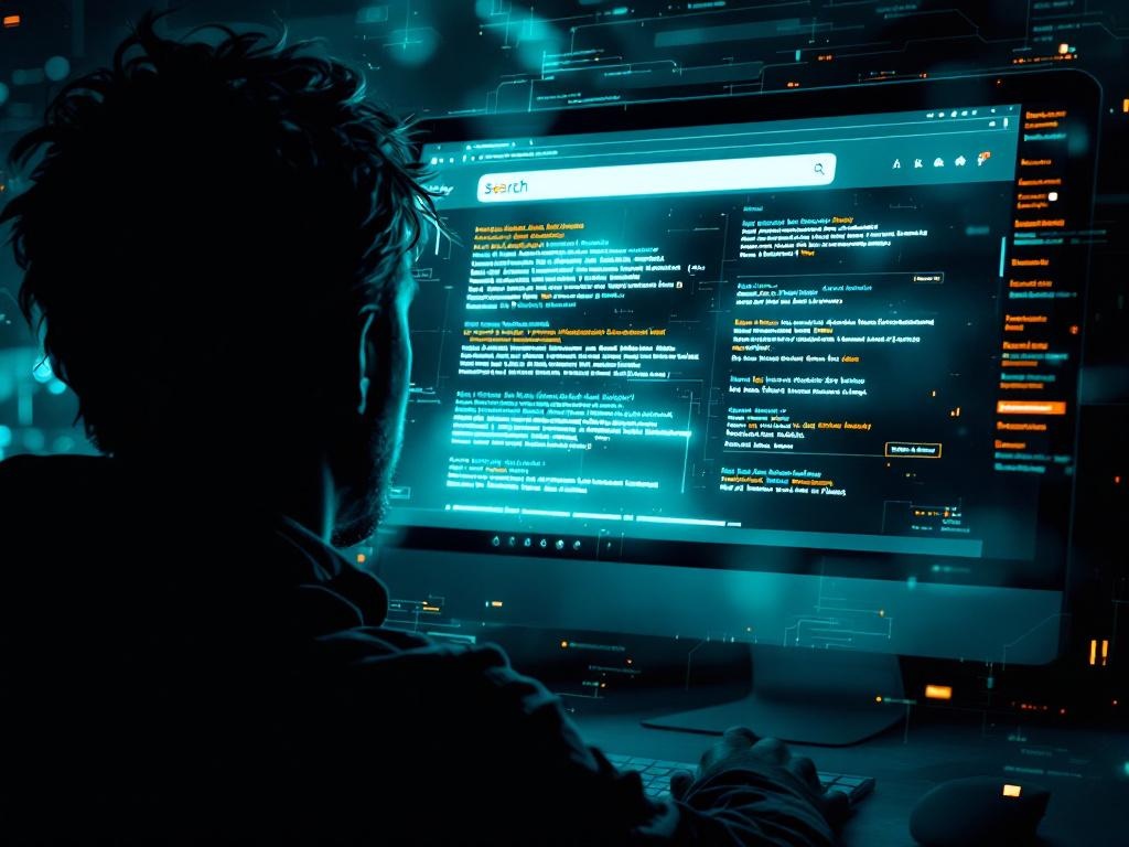 Person viewing manipulated search results with hidden layers revealed