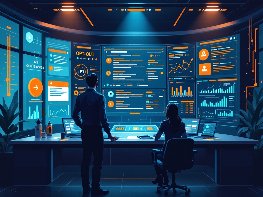 A dark control room where publishers monitor an AI search system through dashboards, opt-out controls, and analytics panels