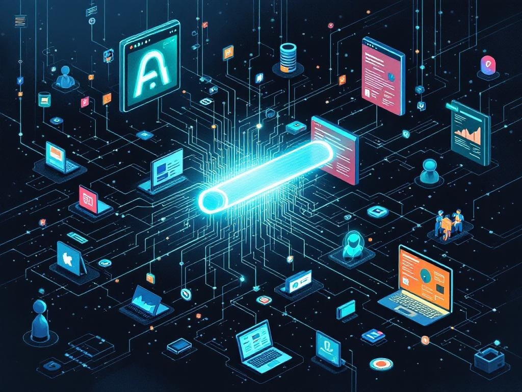 A moody illustration of websites and publishers feeding an AI search engine through glowing data lifelines while links return value back to the web