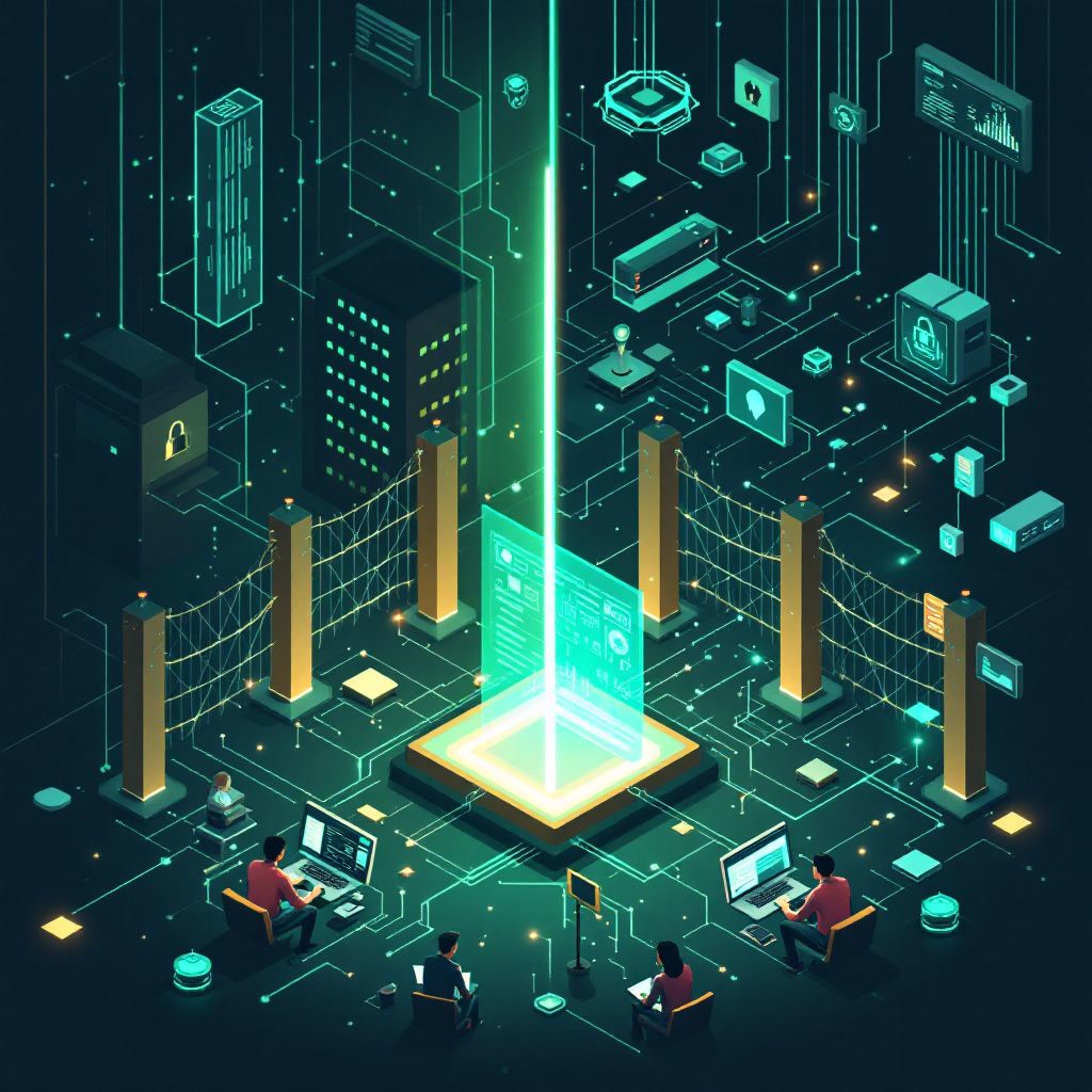 A split digital system showing locked black-box towers on one side and a bright inspectable network of open AI tools and defenders on the other