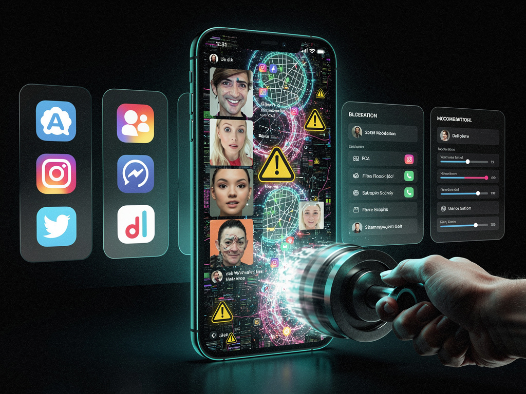 A dark smartphone feed overflowing with uncanny AI posts and fake map layers while a human hand yanks a glowing rollback lever