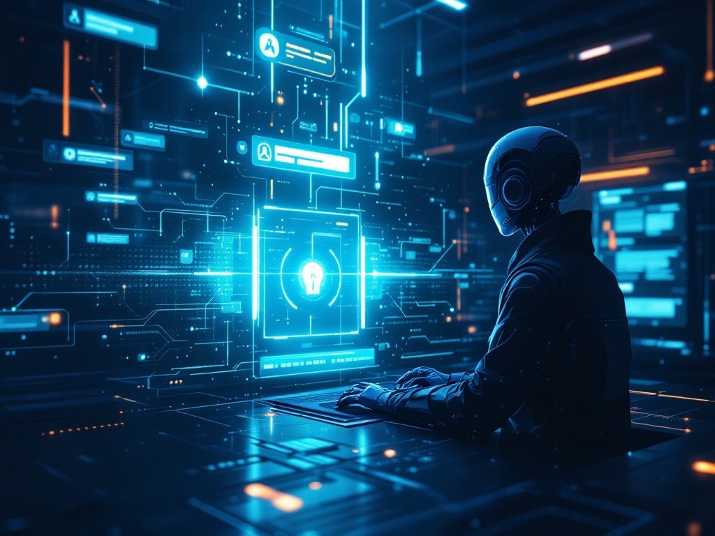 A futuristic admin control room where a conversational AI sits behind a glowing security boundary separating chat from privileged account access
