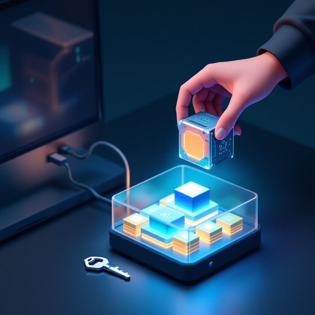 Conceptual illustration of a hand lifting a glowing server cube above a portable case of data blocks, with a key beside it