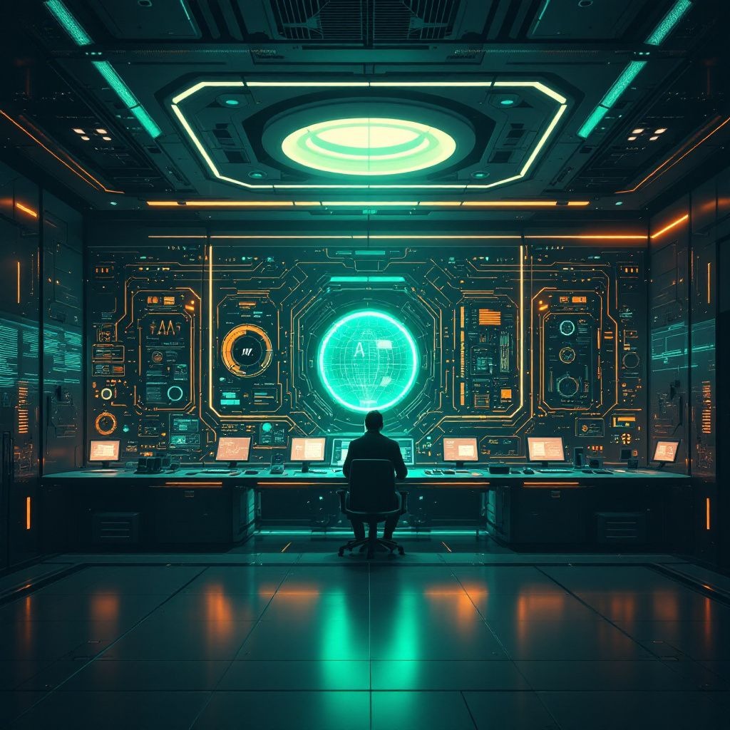 A dark AI lab control room with glowing safety dashboards and layered security systems