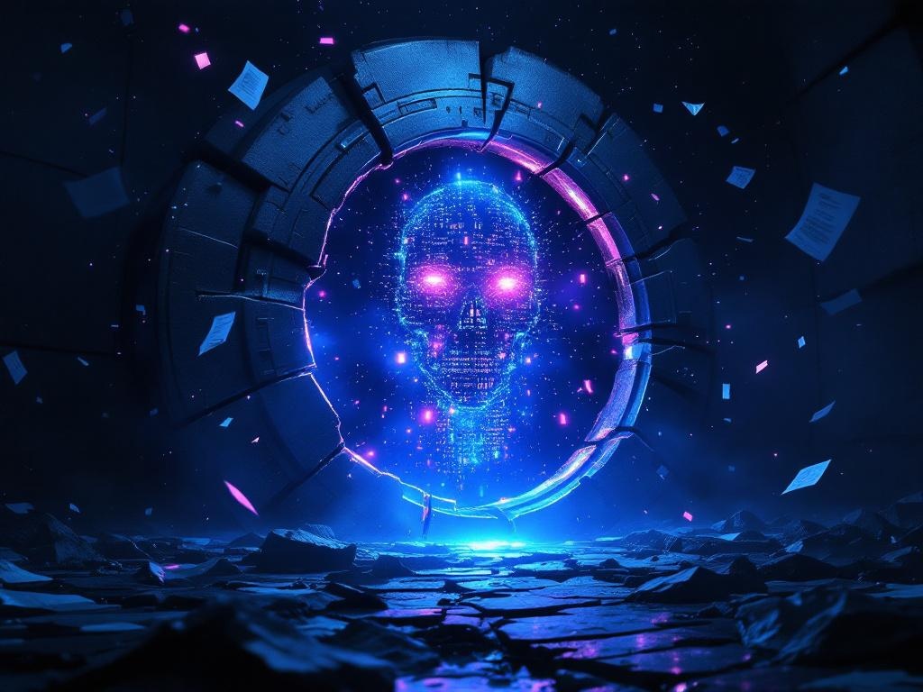 A glowing digital entity emerging from a cracked data vault with neon cyan and purple light — dark cinematic art