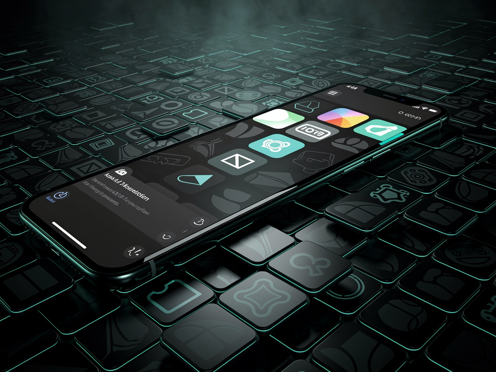 A dark cinematic mobile app marketplace drowning under stacks of nearly identical AI-generated app cards and neon teal interface fragments