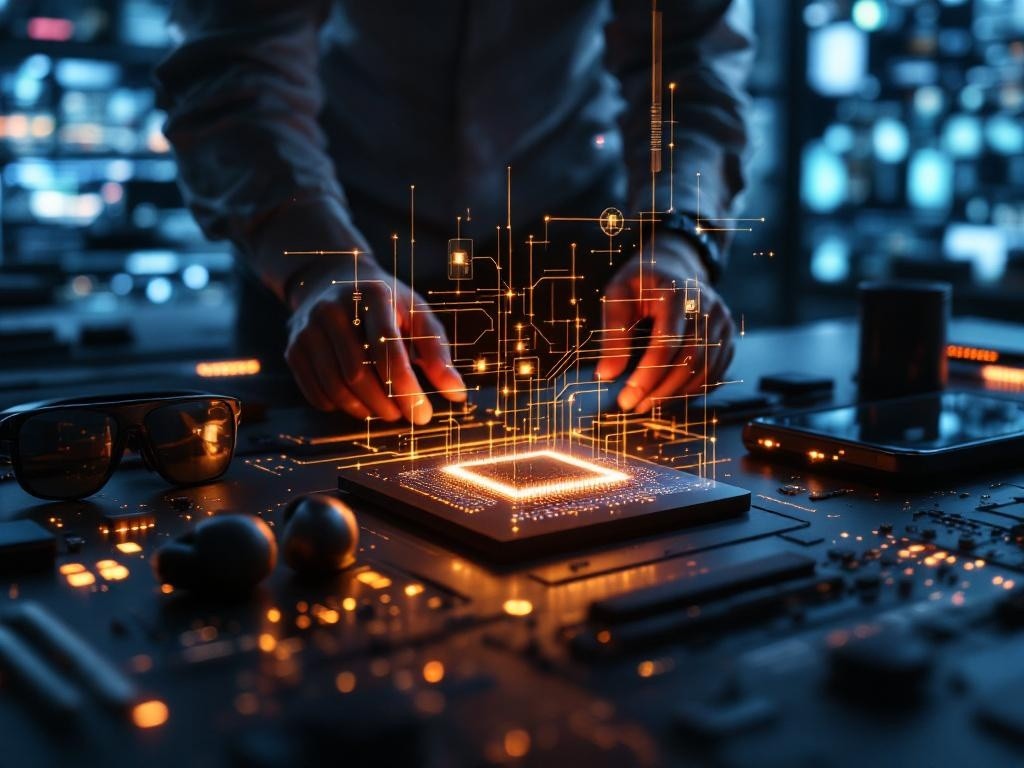 A futuristic hardware lab with custom silicon, product prototypes, and soft AI interface overlays