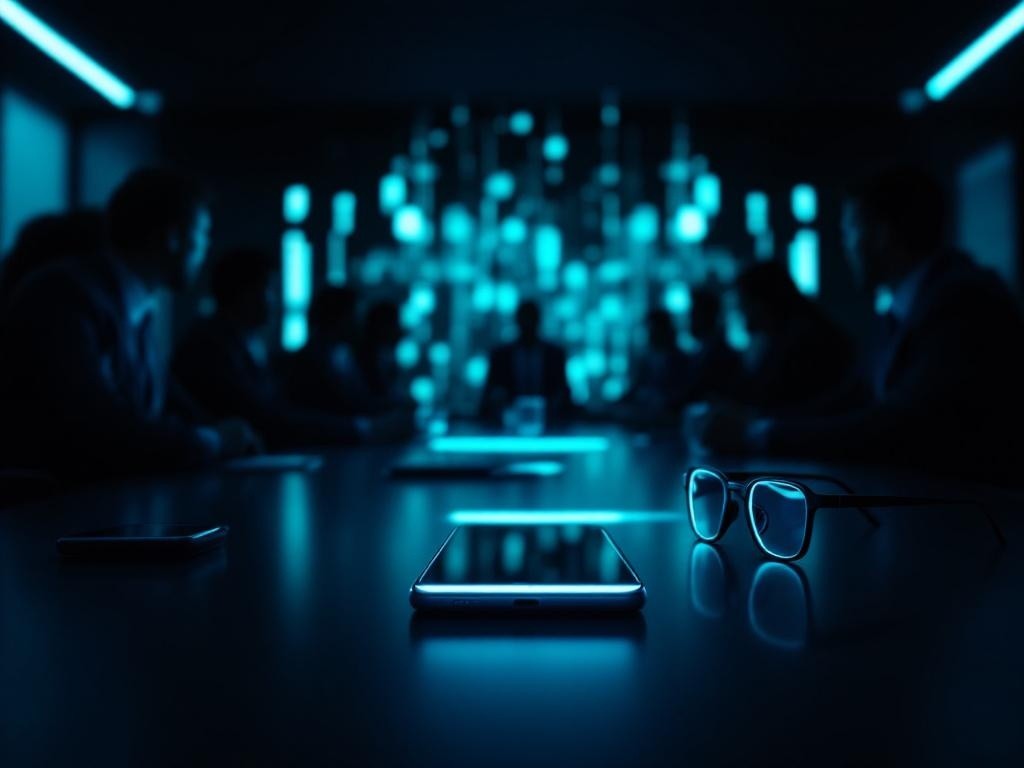 A dark executive boardroom with premium devices, glowing hardware prototypes, and a handoff between leaders