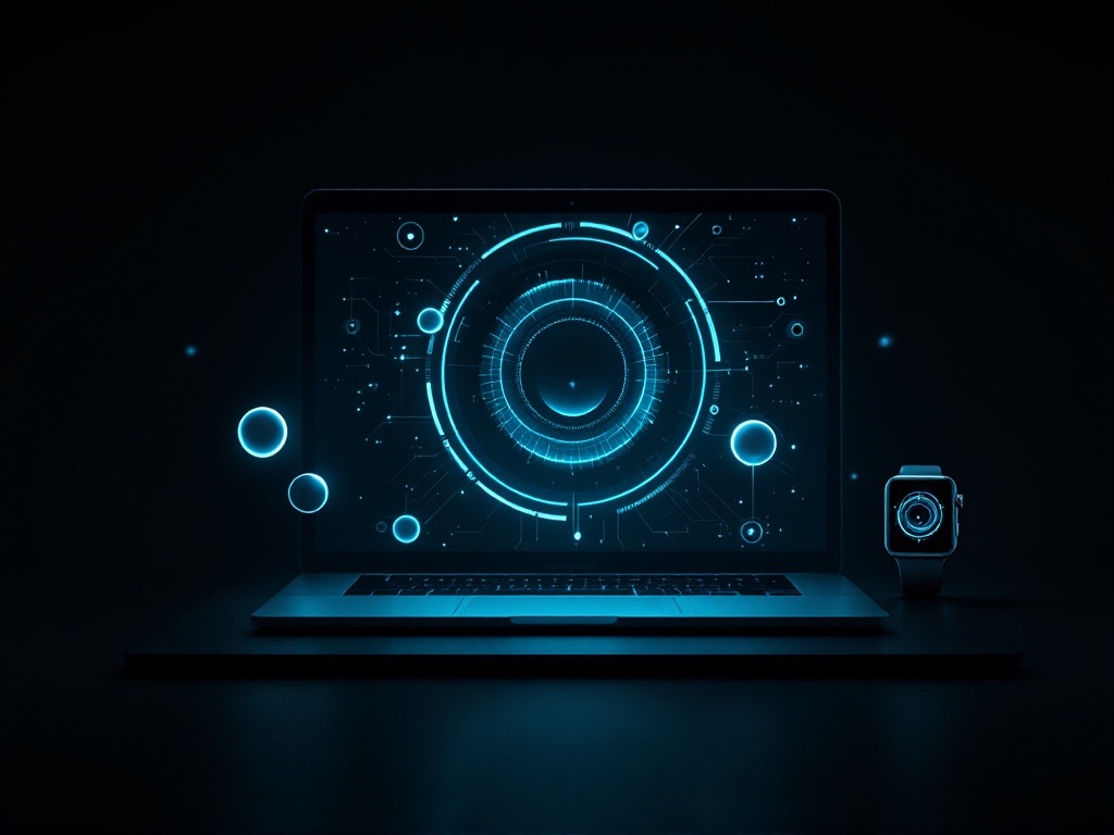 A dark premium studio scene showing an iPhone, MacBook, Apple Watch, and headset projecting one shared luminous AI interface layer