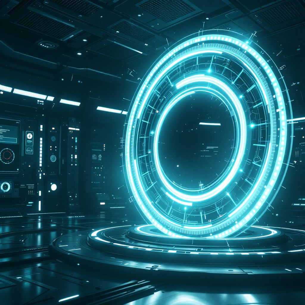 A glowing recursive machine made of concentric rings inside a dark control room, suggesting automated research loops accelerating in place