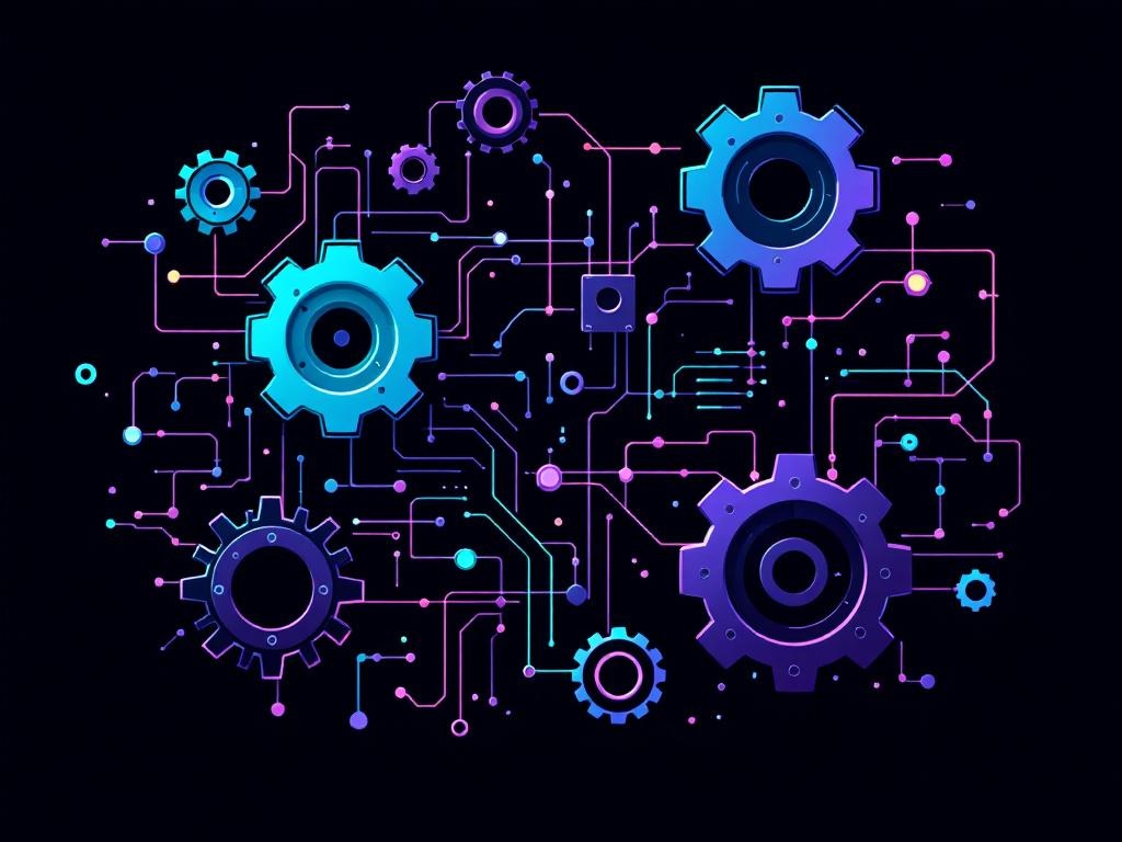 Interconnected gears and data streams representing automated workflows