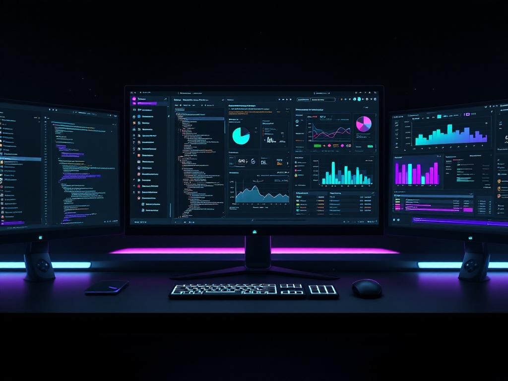 Futuristic workspace with holographic automation dashboards