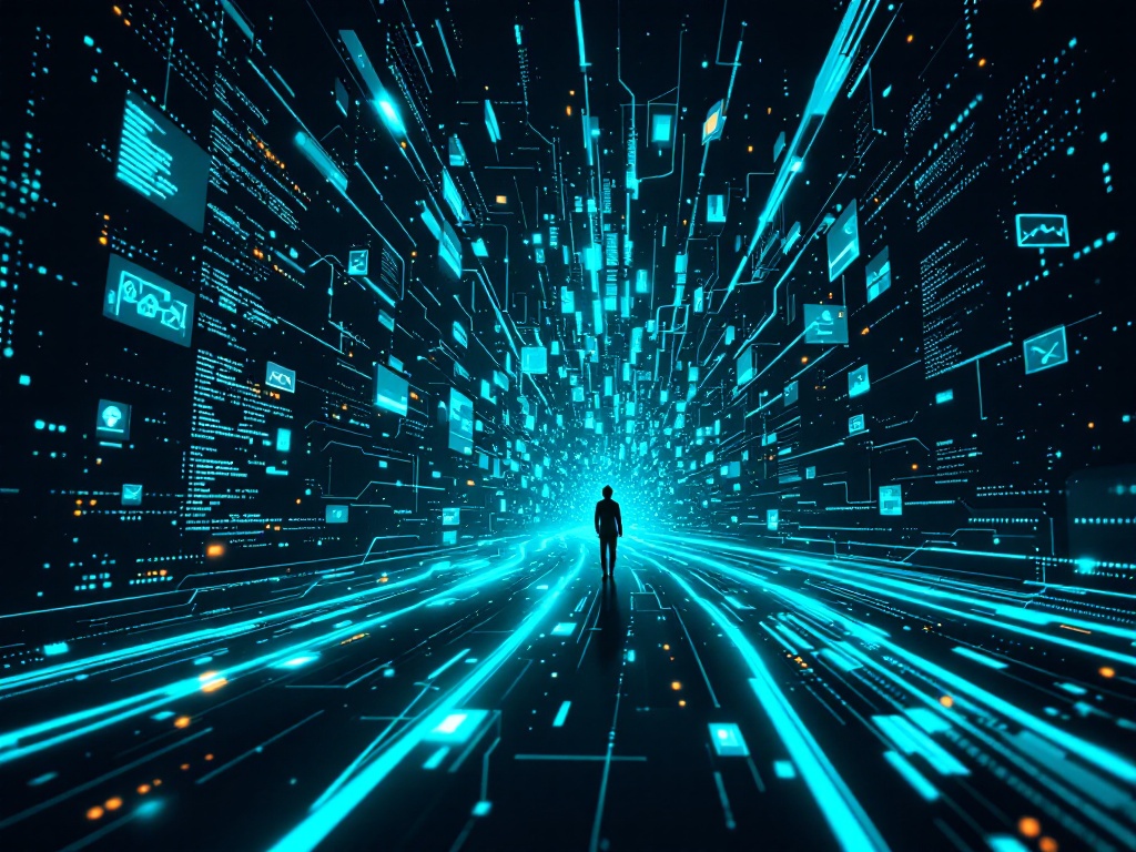 A dark digital landscape where glowing streams of automated web traffic overwhelm the lone human moving through the network