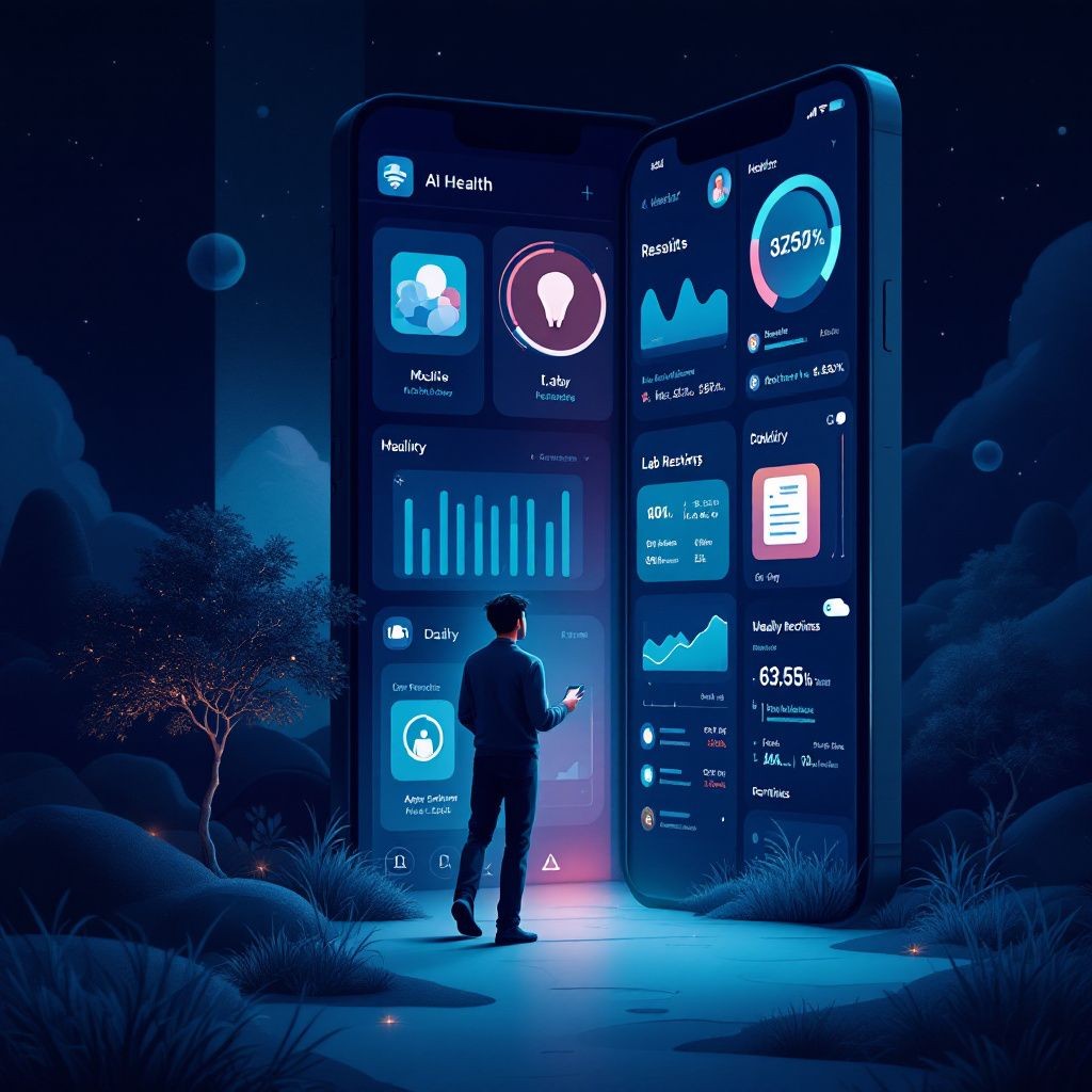 A dark cinematic smartphone interface acting as a front door between personal health records, lab results, activity data, and an AI assistant