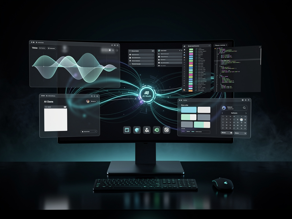A cinematic desktop interface showing voice, browser, tasks, documents, and code flowing into one AI work surface