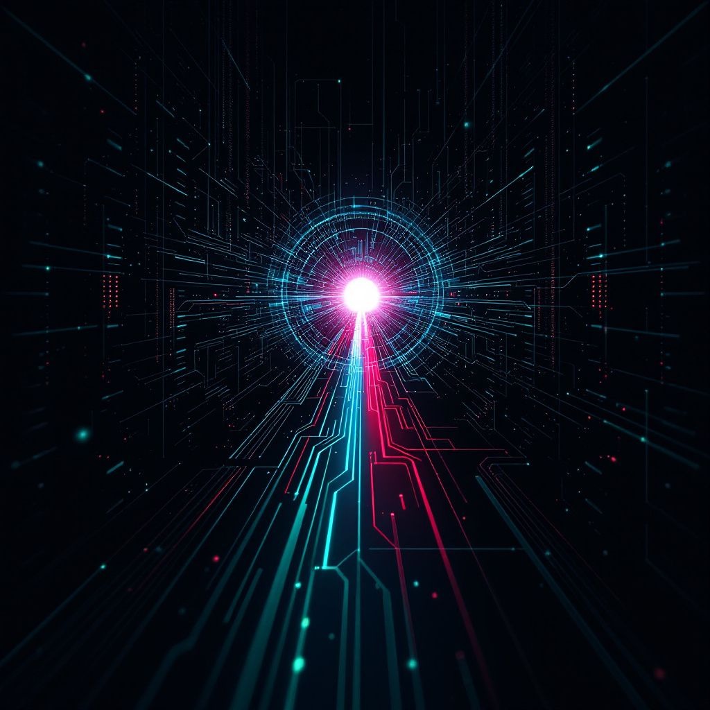 An abstract AI system passing through safety-margin gates and classifier boundaries before reaching the internet