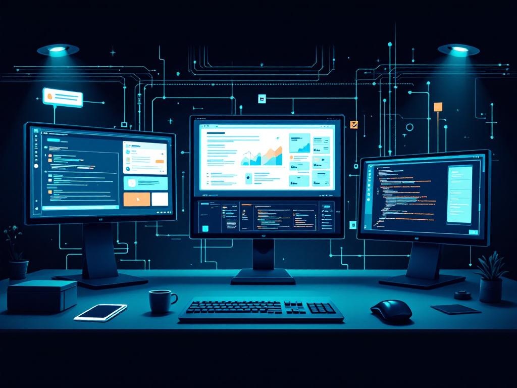 A workflow moving from chat prompts to wireframes, polished interfaces, and production code across connected displays