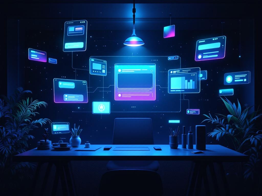A dark futuristic design studio with glowing interface mockups, prompt windows, and polished app screens