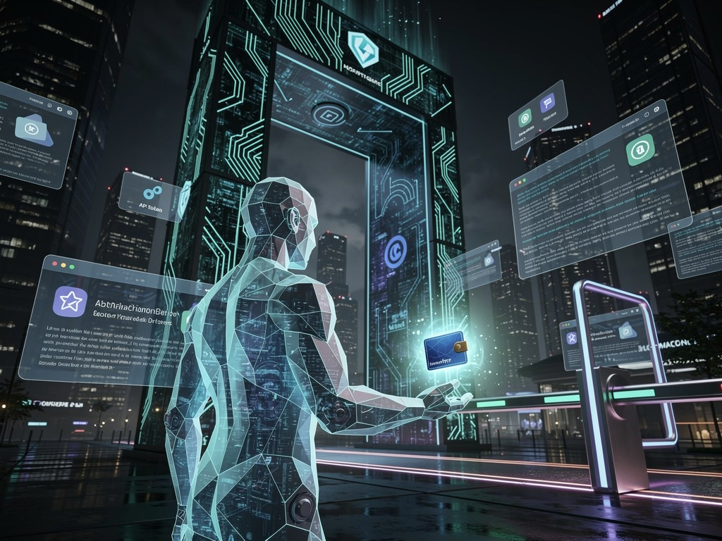 A futuristic AI agent using a glowing programmable wallet to pay a toll at a website gateway in a dark neon web environment