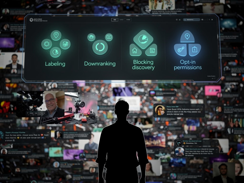 A dark control dashboard floating over a chaotic social feed, showing glowing moderation and permission controls returning order to synthetic content