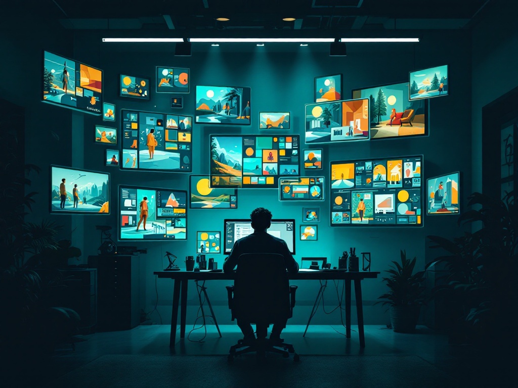 A dark creative studio with a designer facing many glowing screens that repeat the same visual style, palette, and scene across multiple drafts