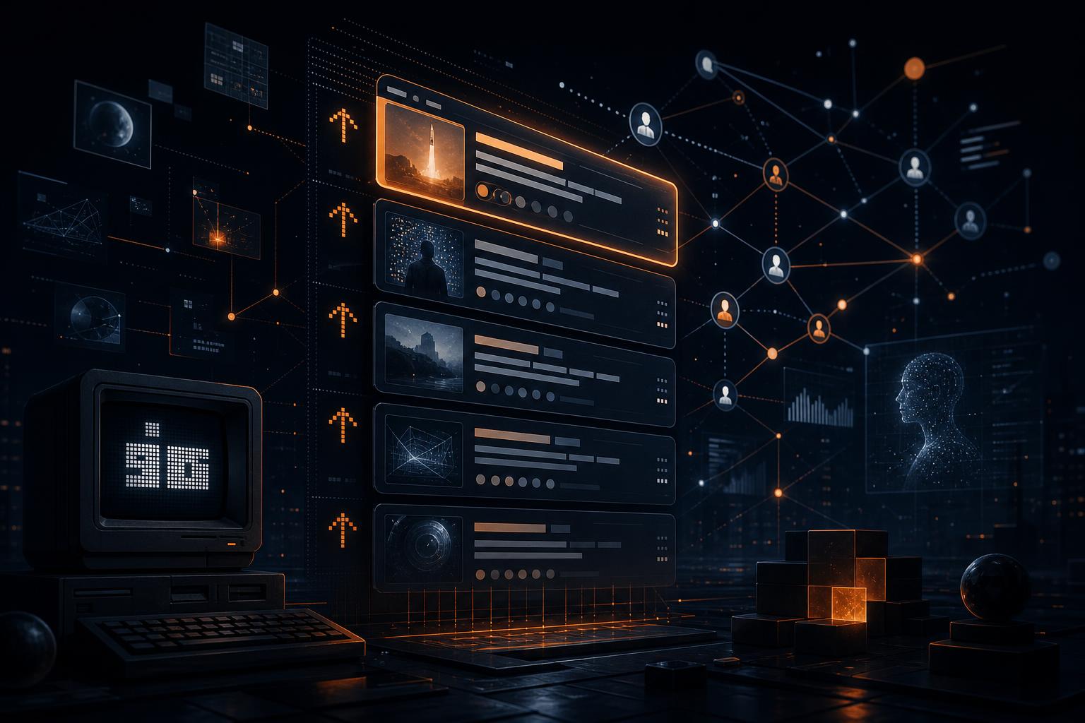 A dark futuristic news dashboard inspired by old web culture, with glowing AI story rankings and social signals floating above a city at night