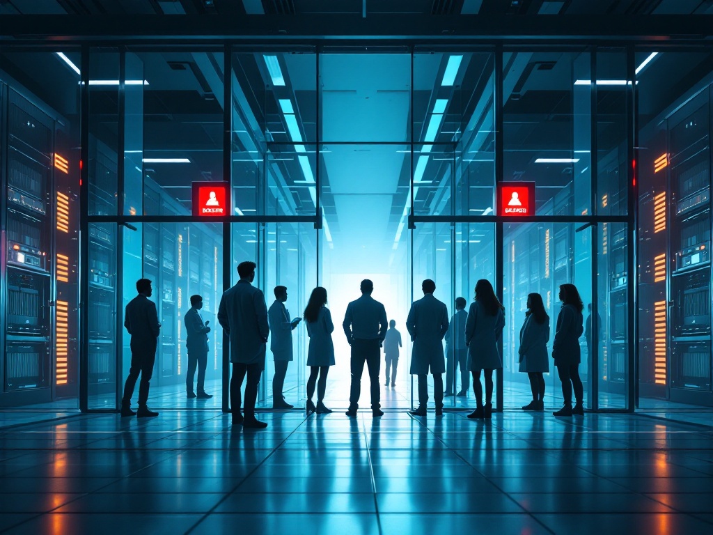 Researchers in a dark AI lab standing behind transparent access gates with red badge-denied signals separating them from a glowing model core