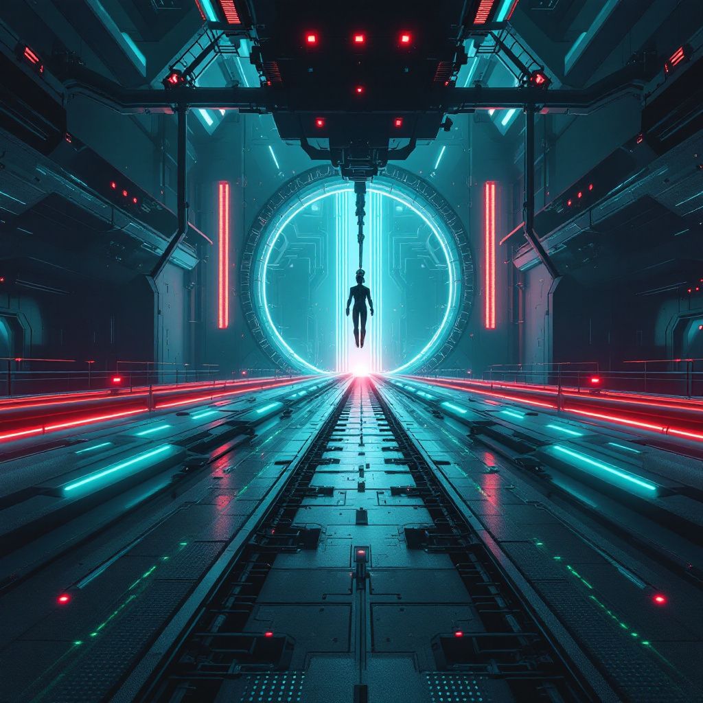 A futuristic AI test corridor ending at a glowing circular gateway with red guide lights and a suspended figure at the center