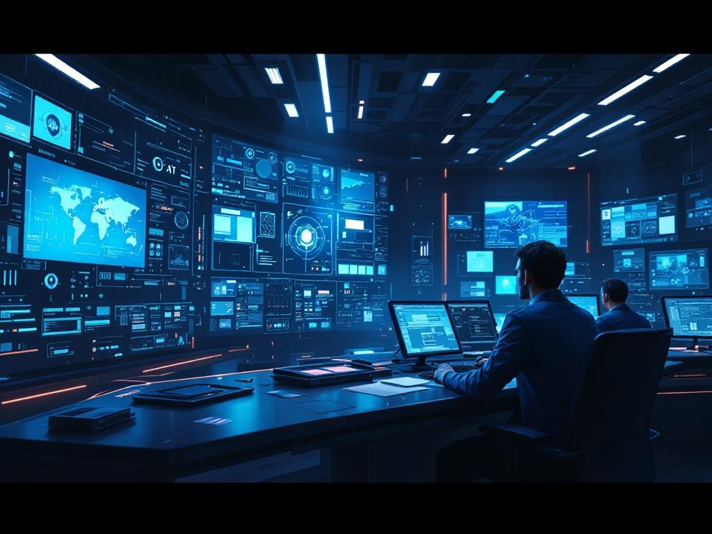 A dark editorial scene with a corporate AI interface merging into a military command center under cold blue lighting