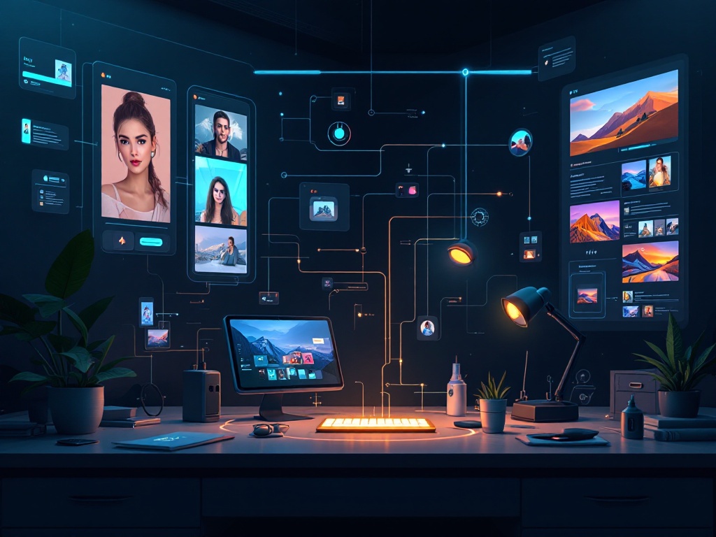 A glowing personal photo library flowing into a dark futuristic AI image studio that generates tailored visuals