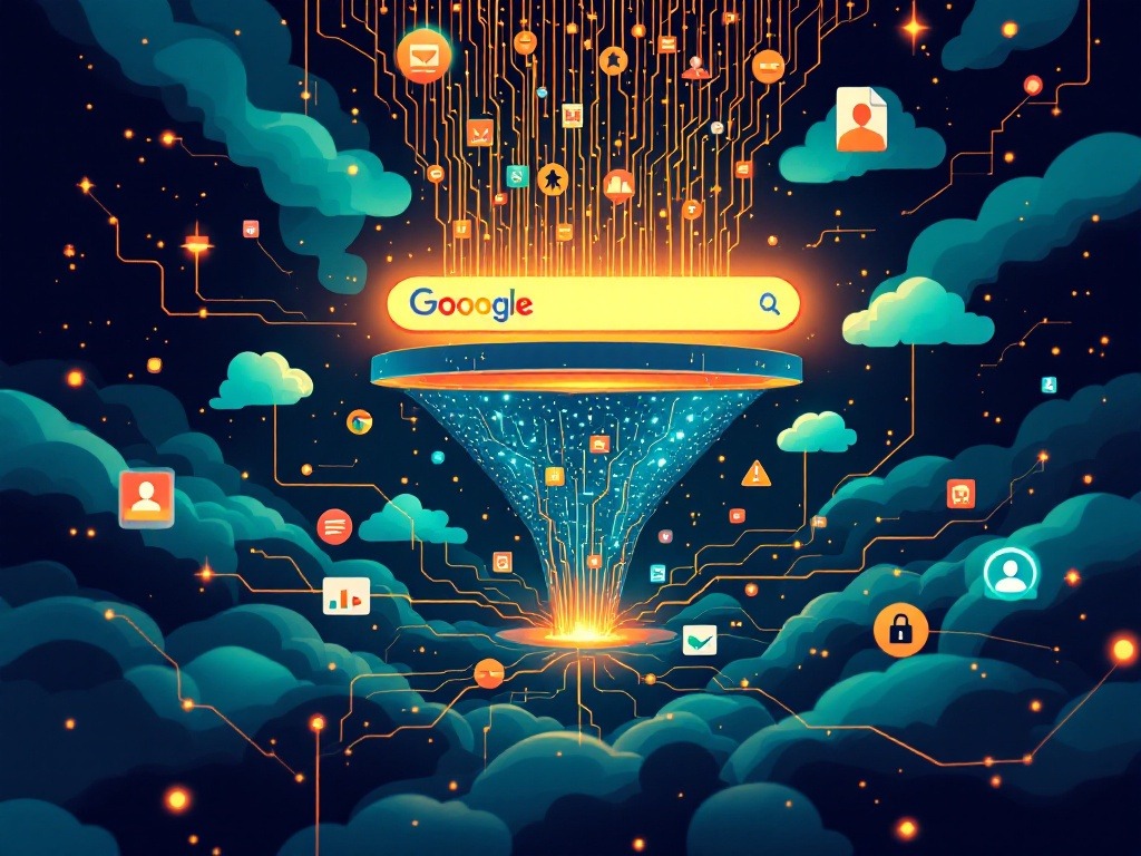 A glowing search interface pulling photos, audio, and files into a dark AI training funnel