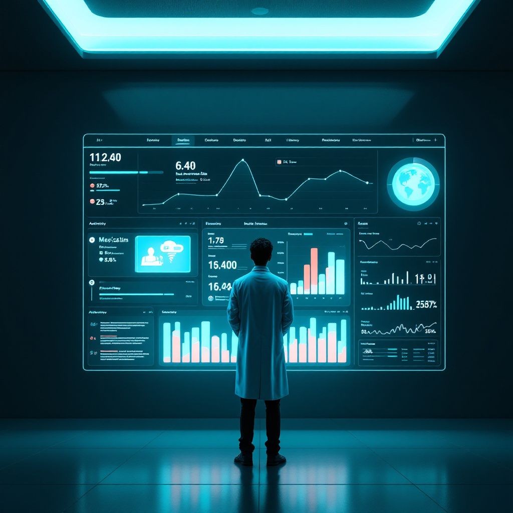 A person standing between a doctor visit and a glowing AI dashboard that organizes sleep, medication, activity, and visit notes into a single timeline