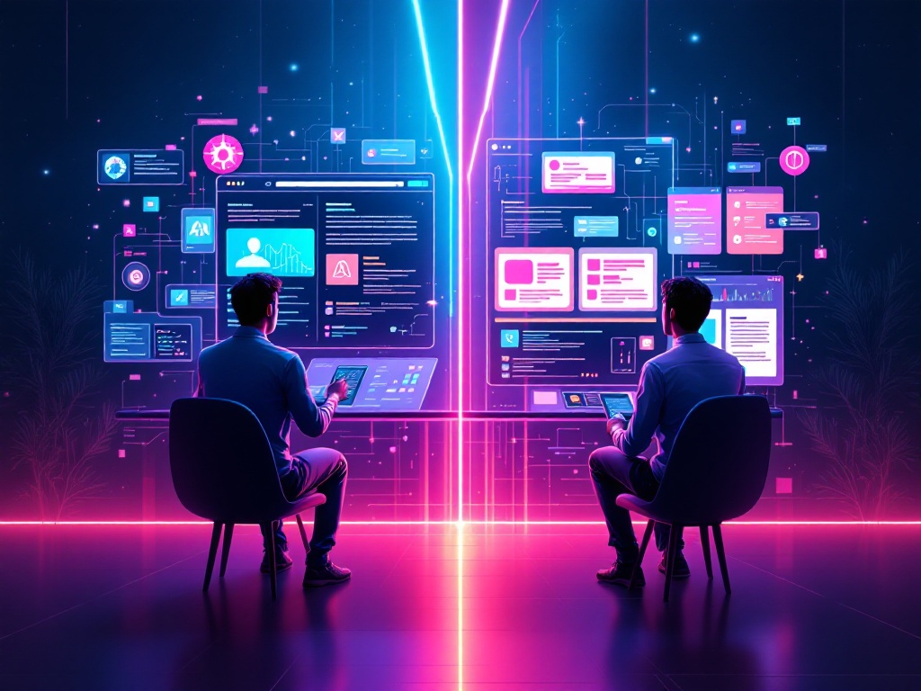 Two mirrored digital workstations representing the split between human browsing interfaces and agent-driven web interfaces