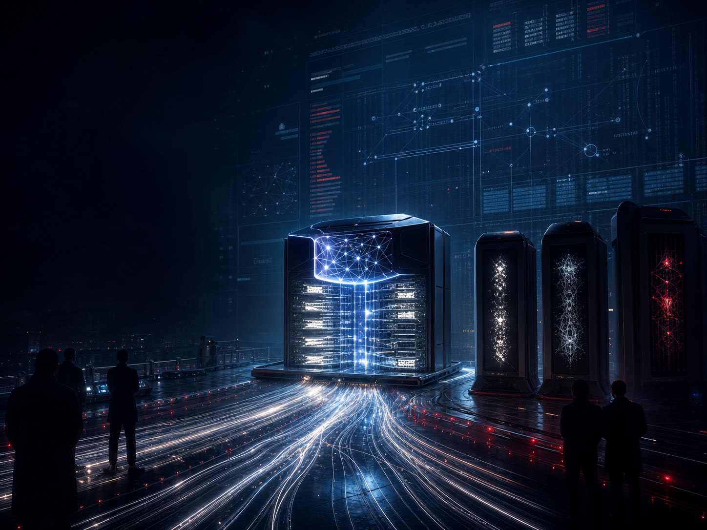A dark futuristic control room where an open AI engine competes with sealed frontier model towers under a glowing benchmark wall