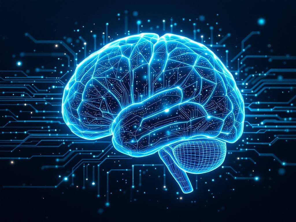 Abstract AI brain visualization with glowing circuits representing superintelligence compute