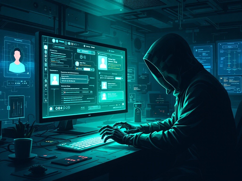A dark AI support console handing control of a social account to a shadowy attacker through glowing password reset panels